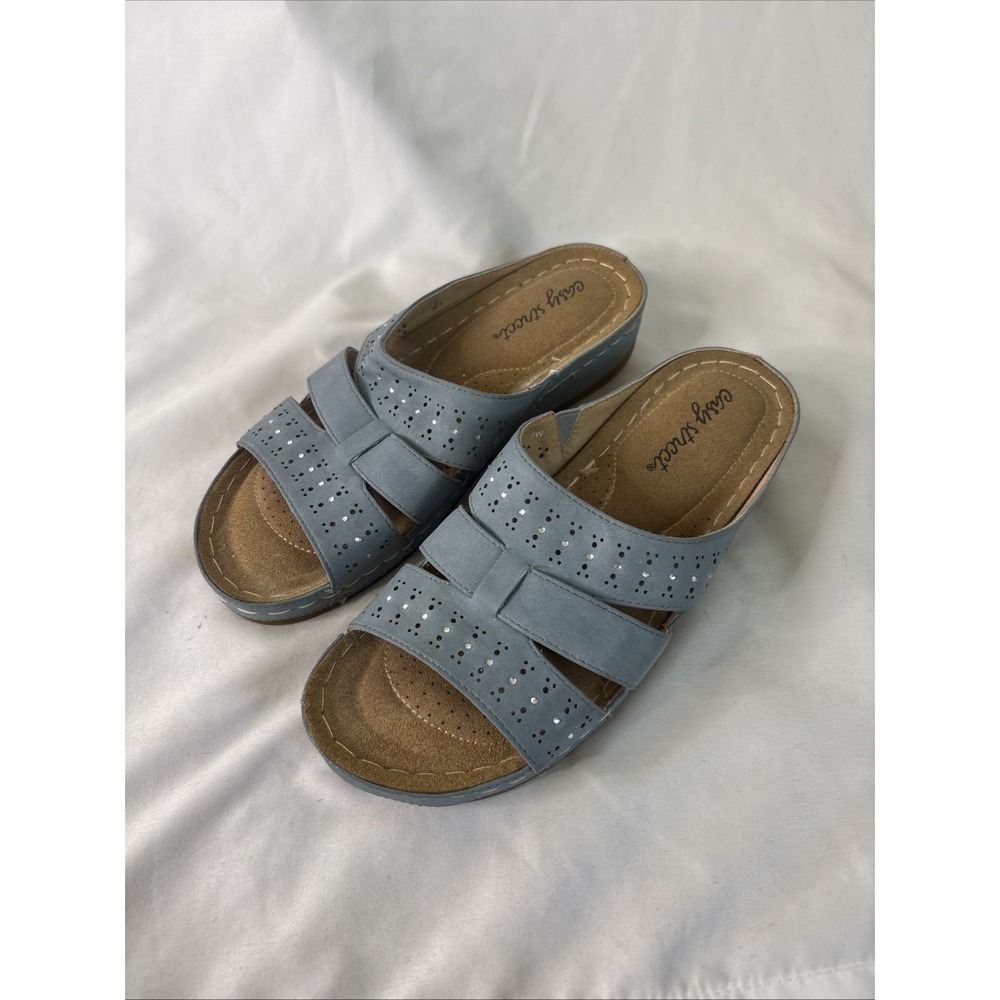 Easy Street Riley‎ Slide Slip On Blue Gray Sandals 7W Comfort Rhinestone Accents